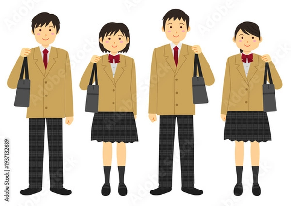Obraz 制服を着て鞄を持つ学生のイラストのセット_ベージュ