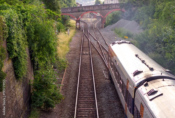 Fototapeta The train goes by rail. In the distance you can see the car bridge. Exeter. Devon. UK
