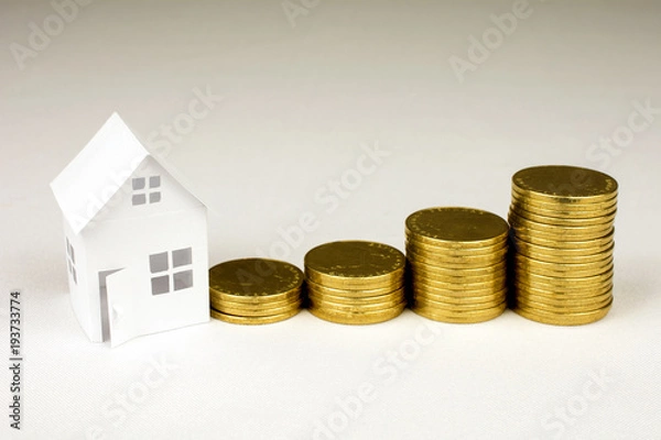 Fototapeta white small house and golden coins  on white background, Real Estate concept close up, selective focus