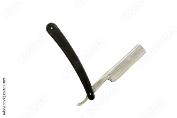 Fototapeta Straight razor with black handle isolated on white background, with clipping path. Design element.