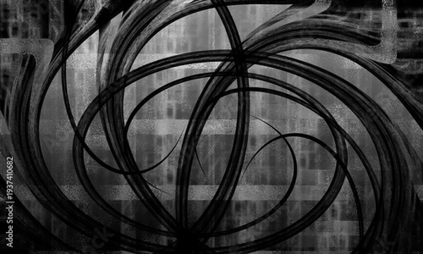 Obraz モノクロでざらざらとした抽象的なデザインの背景に植物のツタのようなオブジェクトが重なる壁紙、グラフィックの素材
