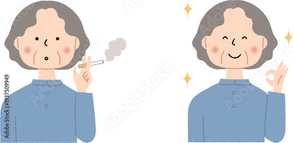 Obraz タバコを吸うシニア女性と禁煙後のシニア女性