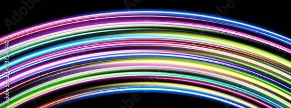 Obraz 黒背景に流れるカラフルなネオン光の波線　テクノロジー・デジタル背景