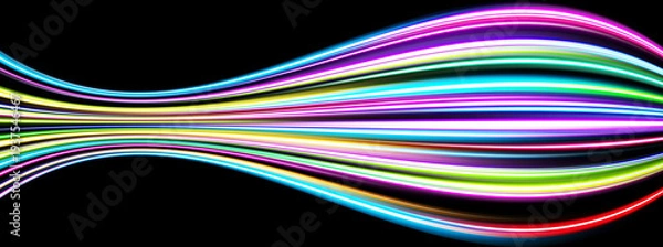 Obraz 黒背景に流れるカラフルなネオン光の波線　テクノロジー・デジタル背景