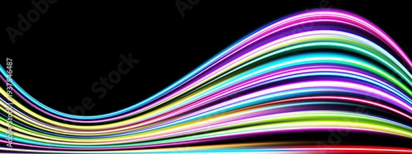 Obraz 黒背景に流れるカラフルなネオン光の波線　テクノロジー・デジタル背景