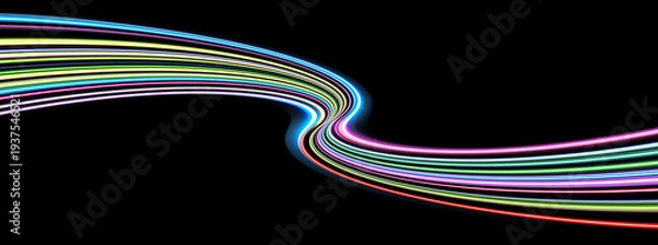 Obraz 黒背景に流れるカラフルなネオン光の波線　テクノロジー・デジタル背景