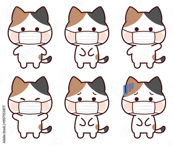 Obraz マスクをした三毛猫セット