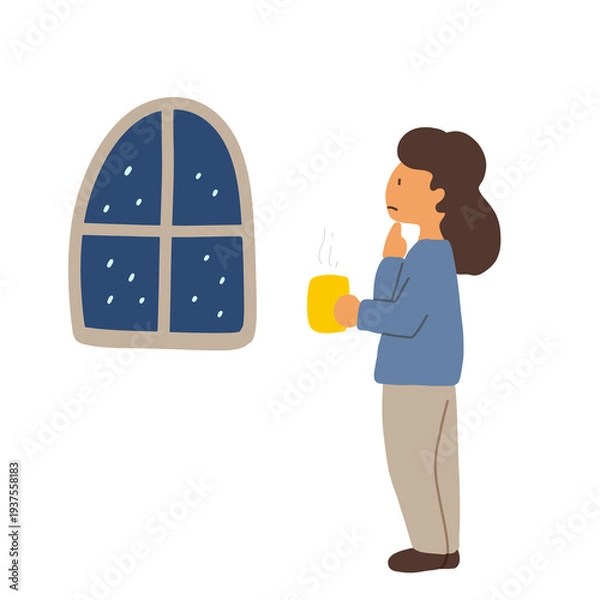 Obraz 窓の外を眺めて悩んでいる飲み物を持った女性