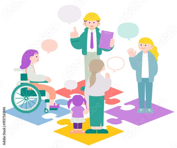 Fototapeta パズルの上で話し合う人々・コミュニティと連携のイメージ