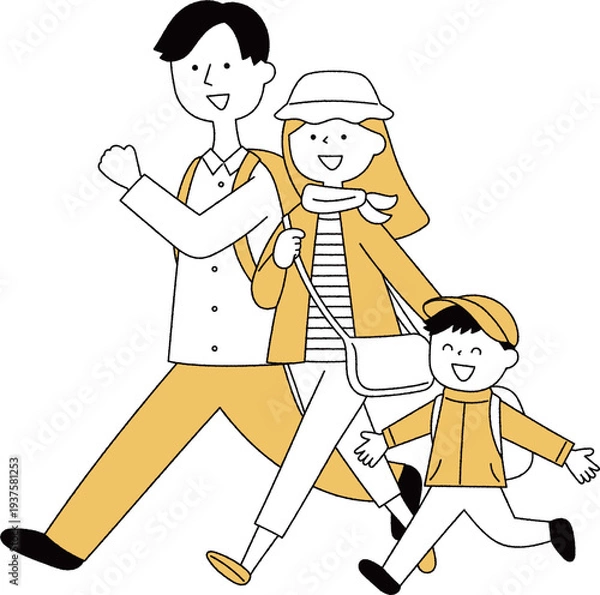 Obraz 元気にお出かけをする若い家族単色