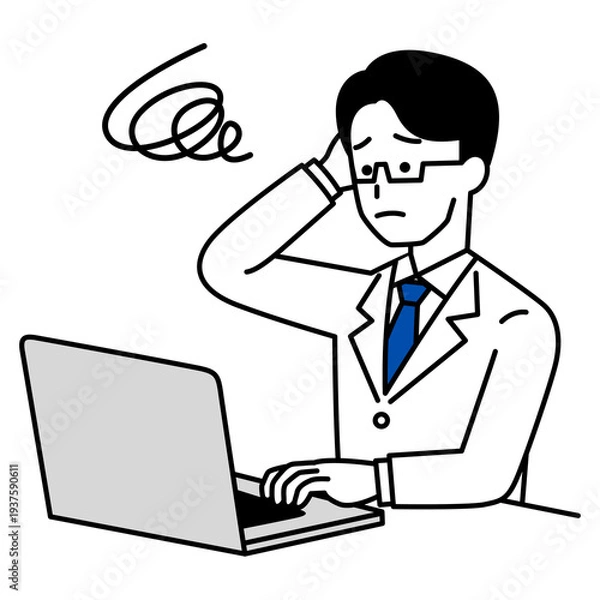 Obraz ノートパソコンでの仕事で困っている医師の男性