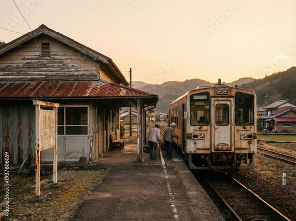 Obraz 夕暮れの古い木造駅舎と、ローカル線に乗る高齢者。ノスタルジックな田舎の鉄道風景