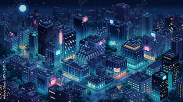 Obraz 月夜の空に輝くビル群を描いたネオン都市の等角視点イラスト、未来的な街並みと都会の夜景、レトロフューチャー、シティポップ、ゲーム背景、動画制作、配信素材に最適なデジタル都市素材