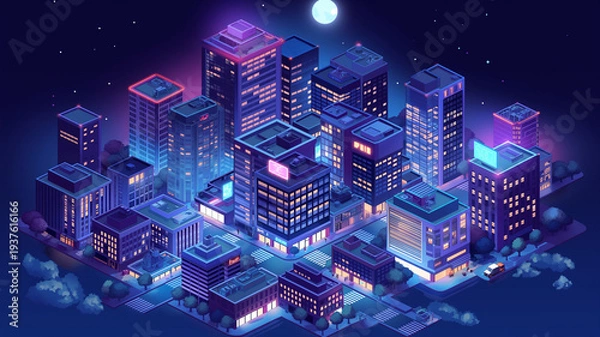 Obraz ネオンが光る都市ビル街を俯瞰で描いた未来都市イラスト、夜空と月が広がる都会の夜景、レトロゲーム風、シティポップ、音楽動画背景、配信画面、広告ビジュアルに使える都市景観素材