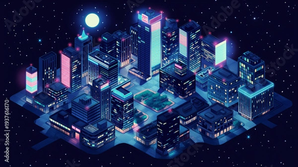 Obraz ネオンが光る都市ビル街を俯瞰で描いた未来都市イラスト、夜空と月が広がる都会の夜景、レトロゲーム風、シティポップ、音楽動画背景、配信画面、広告ビジュアルに使える都市景観素材