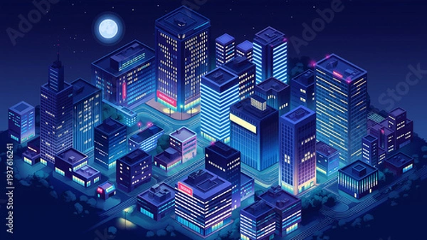 Obraz ネオンが光る都市ビル街を俯瞰で描いた未来都市イラスト、夜空と月が広がる都会の夜景、レトロゲーム風、シティポップ、音楽動画背景、配信画面、広告ビジュアルに使える都市景観素材