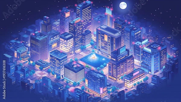 Obraz 夜空に浮かぶ月と輝く高層ビル群を描いた近未来都市の等角イラスト、ネオンが光る都会の街並み、レトロフューチャー、シティポップ、ゲーム背景、動画制作、配信画面に使えるデジタル都市素材