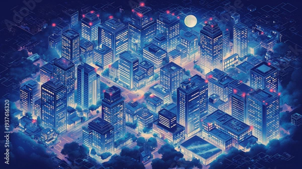 Obraz 夜空に浮かぶ月と輝く高層ビル群を描いた近未来都市の等角イラスト、ネオンが光る都会の街並み、レトロフューチャー、シティポップ、ゲーム背景、動画制作、配信画面に使えるデジタル都市素材