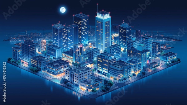 Obraz 夜空に浮かぶ月と輝く高層ビル群を描いた近未来都市の等角イラスト、ネオンが光る都会の街並み、レトロフューチャー、シティポップ、ゲーム背景、動画制作、配信画面に使えるデジタル都市素材