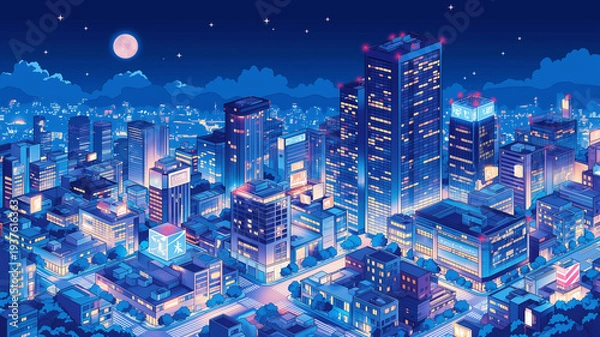 Obraz ネオンが輝く夜の都市ビル群を俯瞰視点で描いた未来都市イラスト、都会の夜景と月が浮かぶサイバー風街並み、レトロゲーム、シティポップ、音楽動画背景、配信画面、広告ビジュアルに使える都市素材