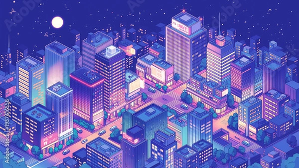Obraz 夜空と月に照らされた未来都市のネオン街並みを描いた等角視点イラスト、ビル群が並ぶ都会の夜景、レトロフューチャー、シティポップ、ゲーム背景、動画サムネイル、配信画面、音楽ビジュアル、デジタル都市景観素材