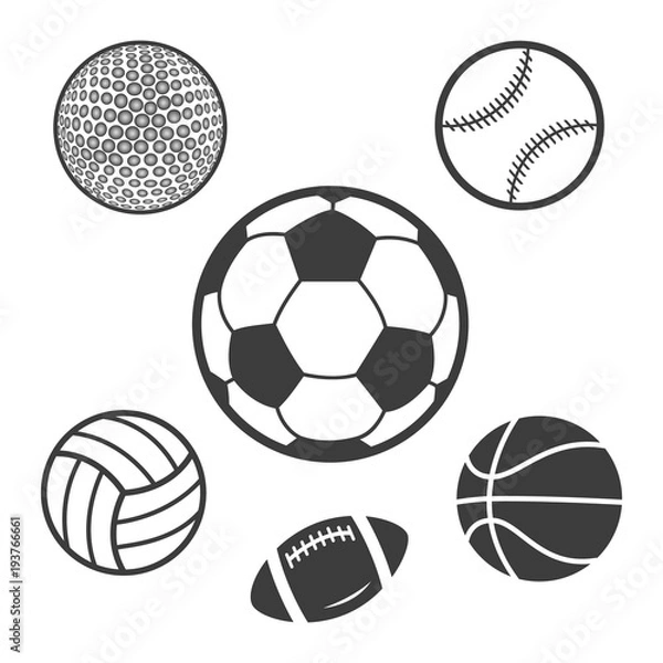 Fototapeta Icons balls football basketball volleyball rugby baseball golf. A large set of balls vector illustrations in a dark color on a white background.