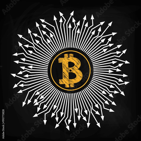 Fototapeta Crypto currency, bitcoin. In the center of the image is the bitcoin yellow emblem, from which white arrows point in different directions. Draw the chalk on the board. Sketch, scrawl of gold color