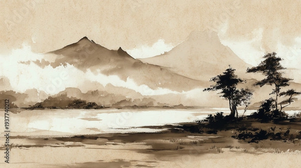 Obraz 霧に包まれた墨色の山河