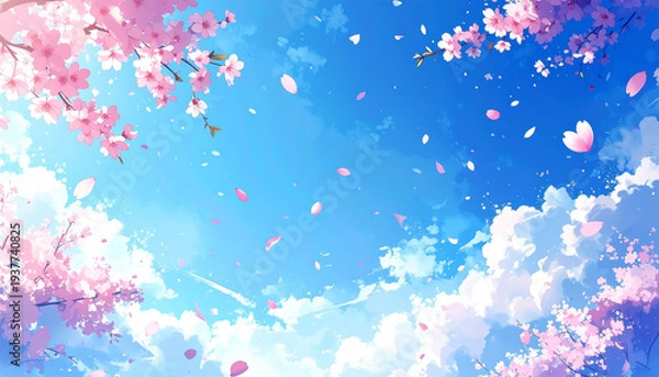 Obraz 青空の下で桜の花びらが舞う春の空　水彩イラスト