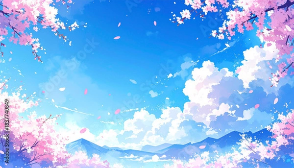 Obraz 青空の下で桜の花びらが舞う春の空　水彩イラスト