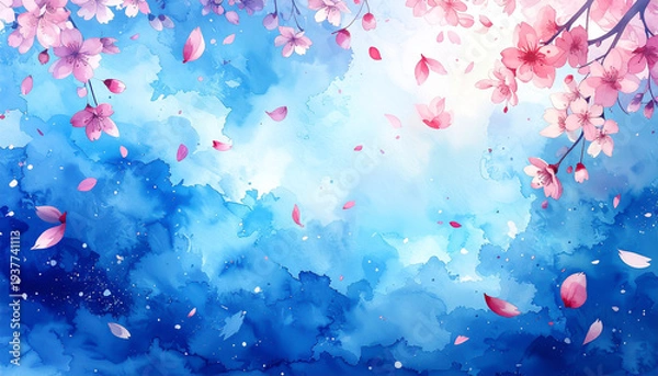 Obraz 桜の花びらが舞い散る水彩背景　春のブルーグラデーション