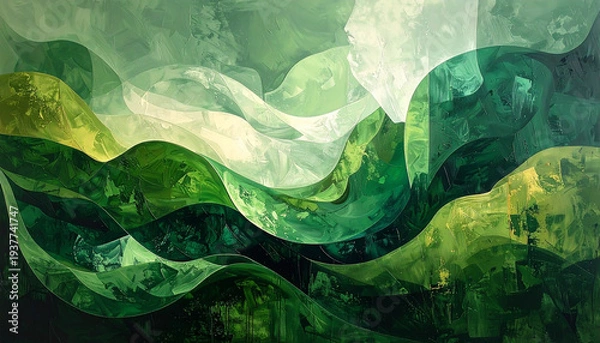 Obraz 緑の曲線が重なるコンテンポラリー抽象アート　背景素材
