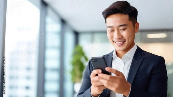 Obraz スマートフォンを操作する笑顔の若いビジネスマン