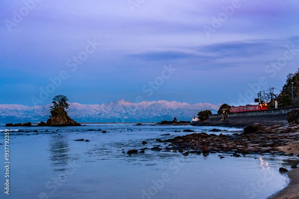 Obraz 雨晴海岸から立山連峰夕景
