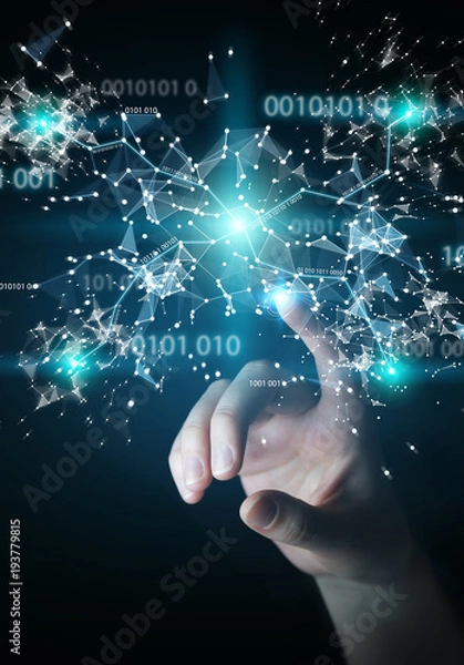 Fototapeta Businesswoman using digital binary code connection network 3D rendering