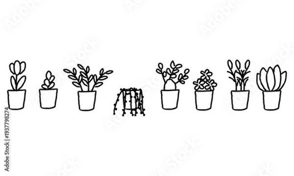Obraz 手書きのシンプルな観葉植物の鉢植えセット
