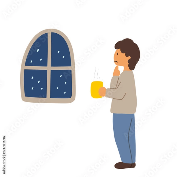 Obraz 窓の外を眺めて悩んでいる飲み物を持った男性のイラスト