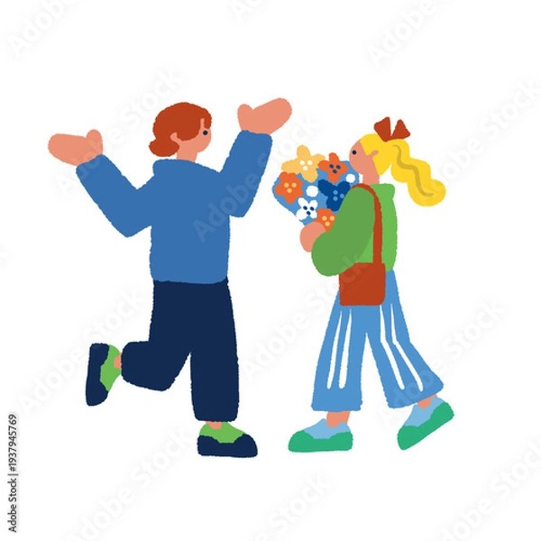 Obraz マルシェで花束を選ぶカップルと人々のにぎわう屋外マーケットのイラスト