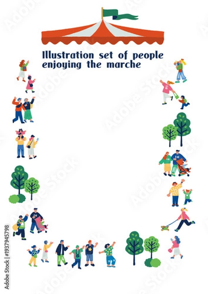 Obraz 地域マルシェで買い物や食事を楽しむ人々の屋外イベントイラスト