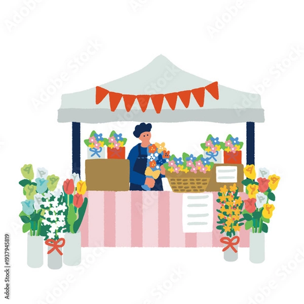 Obraz 花束やブーケを販売するマルシェ花屋の屋台イラスト