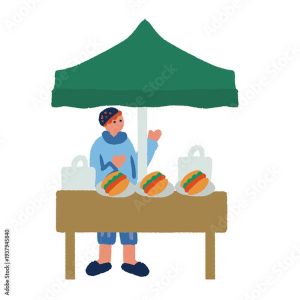 Obraz ホットドッグ屋台のあるマルシェイベント風景 人々で賑わう屋外マーケットのイラスト