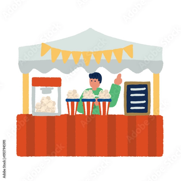 Obraz ポップコーン屋台のあるマルシェイベント風景 人々で賑わう屋外マーケットのイラスト