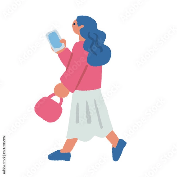 Obraz スマホを持って買い物を楽しむ若い女性のイラスト