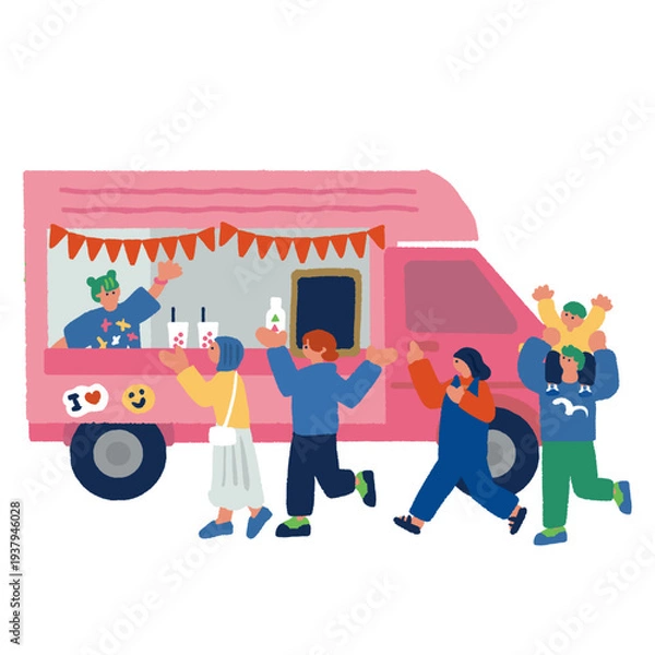 Obraz キッチンカーに並ぶ人々のカラフルでフラットなイラスト