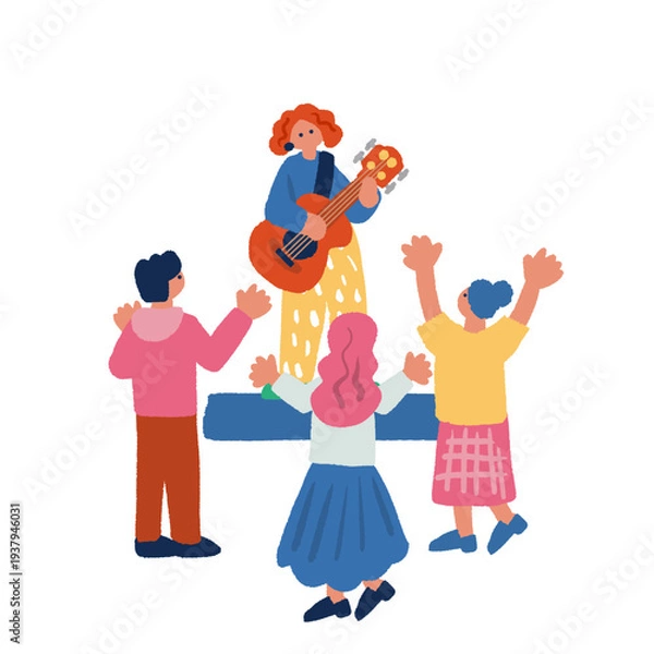 Obraz 路上ライブを楽しむ人々のカラフルでフラットなイラスト