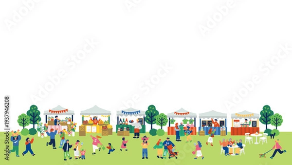 Obraz マルシェを楽しむ人々のカラフルでフラットなイラスト