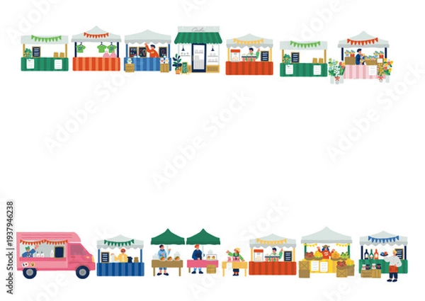 Obraz マルシェを楽しむ人々のカラフルでフラットなイラスト