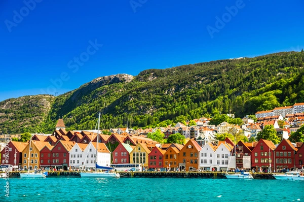 Obraz View on Cityscape and wooden building of Bryygen in Norway