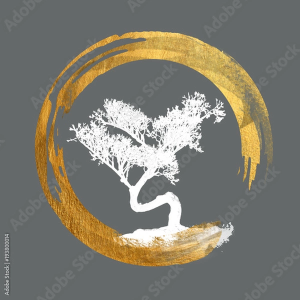 Fototapeta Bonsai Tree, Enso Circle, Feng Shui Symbol, Asian Art Calligraphy, Japanese / Chinese - Copy, Text, Body Space - Background Isolated