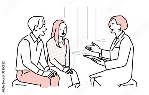 Obraz シンプル　イラスト　妊活や不妊治療について医師の説明を受けるカップルのイメージ ベクターイラスト